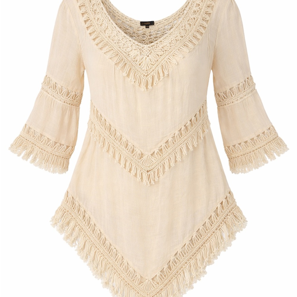 Fringed V-Neck Handkerchief-Hem Tunic in Cream